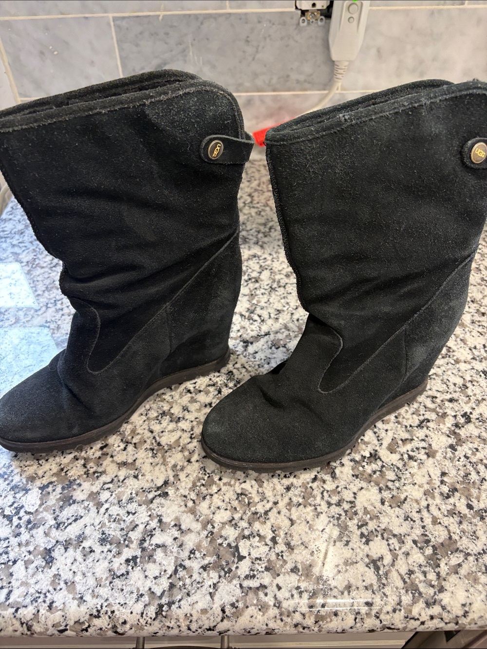 UGG Black Suede Wedge Mid-Calf Boots with Button Detail
